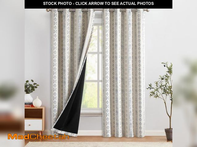 Lot 74-11548245 - COLLACT 100% Boho Blackout Curtains for Bedroom 84 Inch Length Blue on Beige Geometric Stripe Patter...