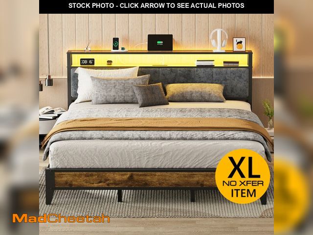 Lot 74-12694291 - OLEVS King Bed Frame with Headboard, Metal Platform Bed King Size with 2-Tier Storage, LED Light &am...