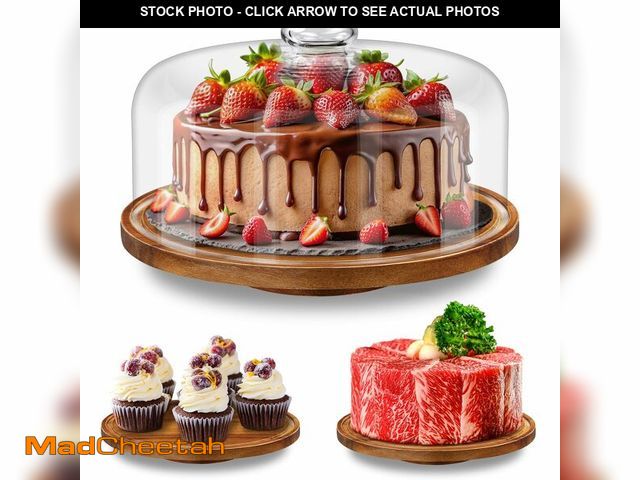 Lot 74-13576709 - Yangbaga 11IN Wood Cake Stand with Dome Lid, Rotating Cake Stand with Glass Dome- Cake Plate with Co...