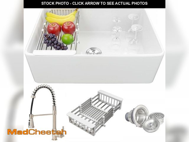 Lot 74-13046194 - AKDY White Fireclay 30 in. Single Bowl Apron-Front Kitchen Sink with Faucets and Basket Strainer - U...