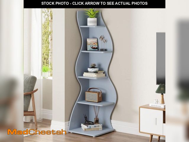 Lot 74-12774421 - BYBLIGHT Eulas 69.8 in. Tall Blue Engineered Wood 5-Shelf Standard Bookcase Corner Shelf with Storag...