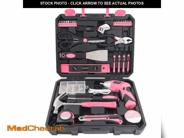 Lot 74-14437275 - (MISSSING PVC ,TAPE MEASURE) Apollo Tools USB-charged 135 Piece Pink Household Tool Set with Pivotin...