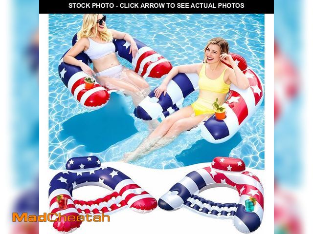 Lot 74-14263414 - 2 Pack Inflatable Pool Floats Chair Adult, American Flag Pool Lounge Chairs with Cup Holders &amp; B...