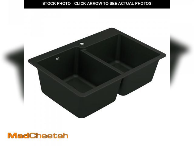 Lot 74-12263239 - Moen Host Black Granite 33-Inch Wide x 9.5-Inch Deep Dual Mount Double Bowl Kitchen Sink, GGB3024B -...