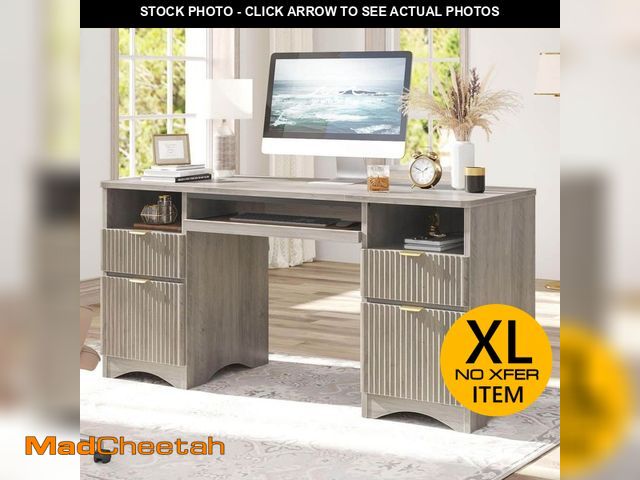 Lot 74-13821792 - Bestier 60 in. Wash Grey Fluted Executive Desk with 4-Storage Drawers and Keyboard Tray, Computer De...