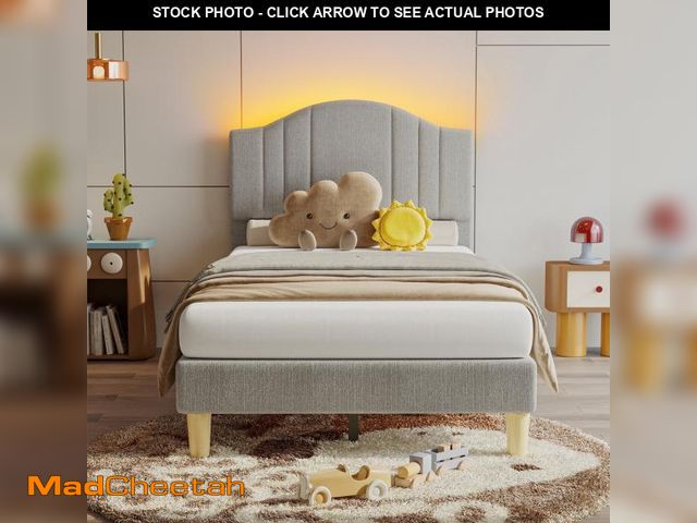 Lot 74-12420553 - Pinmoco Twin Upholstered Bed Frame with Adjustable Arc-shaped Headboard, LED Platform Bed, Fabric gr...