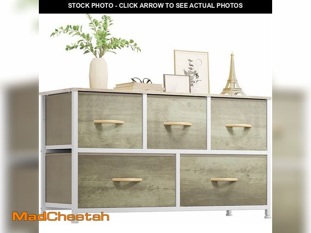 Lot 74-12633489 - YITAHOME Wide Chest of Drawers, Dresser with 5 Drawers, Oak Greige Fabric Storage Tower, Dresser for...