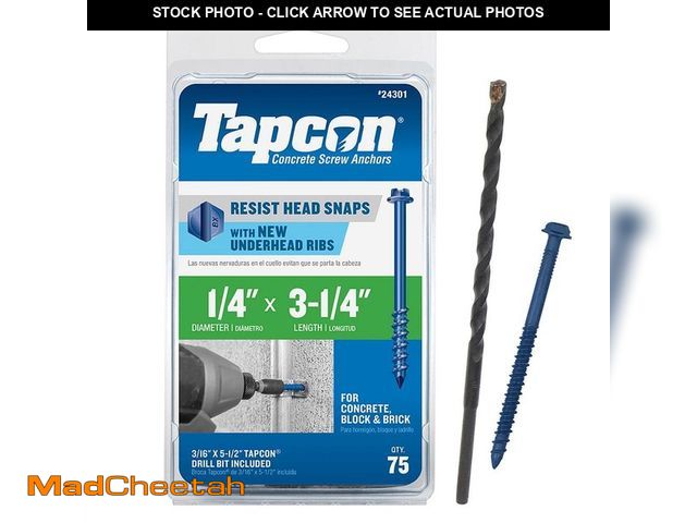 Lot 74-14315621 - Tapcon 1/4 in. x 3-1/4 in. Hex-Washer-Head Concrete Anchors (75-Piece) - USED