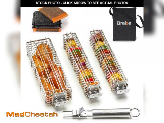 Lot 74-12217665 - Large Grilling Basket Set Ã¢â¬â 3 Stainless Steel Kabob Baskets with Removable Handle &amp; Scrub...