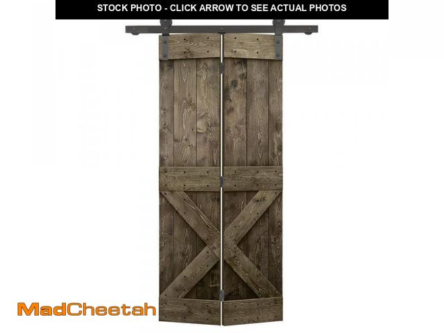 Lot 74-12105365 - 26 in. x 84 in. Mini X Series Espresso Stained DIY Wood Bi-Fold Barn Door with Sliding Hardware Kit ...