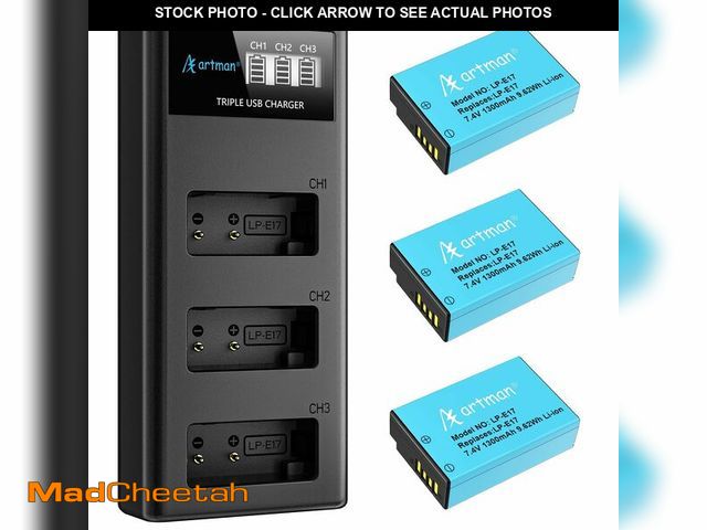 Lot 74-12432932 - Artman LP-E17 Battery 3-Pack 1300mAh and 3-Slot LCD Charger for Canon EOS R50 R8 R10 RP R100, Rebel ...