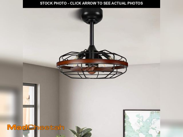 Lot 74-14222574 - BICIK 17.7 in. Indoor/Outdoor Enclosed Caged Black Ceiling Fan with Remote and 7 Wood Grain ABS Blad...