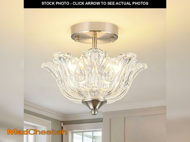 Lot 74-13548813 - sunkryster Semi Flush Mount Ceiling Light, Brushed Nickel Light fixtures with Floral Clear Glass Sha...
