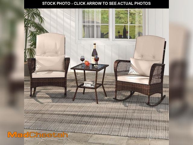 Lot 74-14244301 - HONEY JOY 3-Piece Wicker Outdoor Bistro Set Rocking Chairs with 2-Tier Coffee Table for Porch Garden...