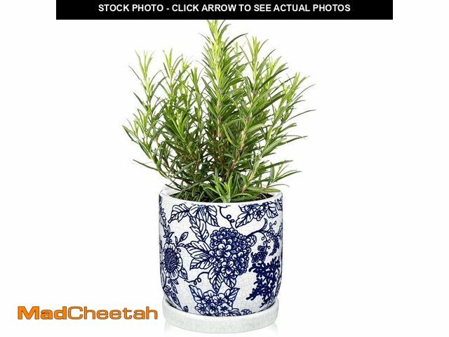 Lot 74-13948030 - Blue and White Ceramic Planters, Ceramic Flower Pots with Drainage Hole &amp; Saucer, Vintage Cracke...