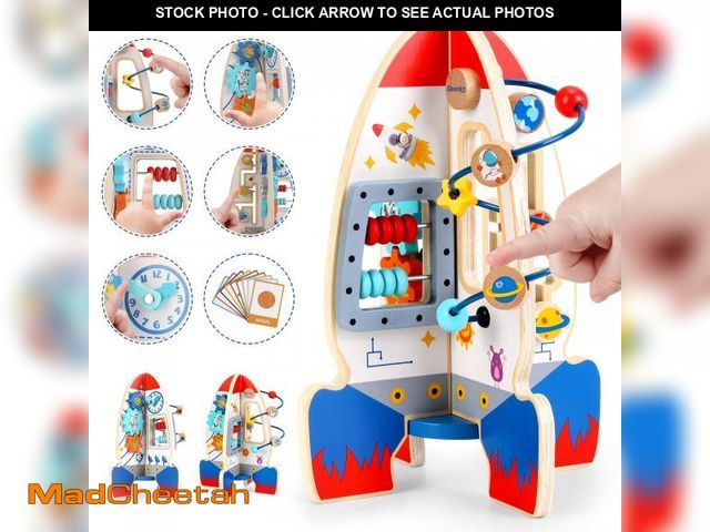 Lot 74-11850239 - Gleamkid Baby Space Rocket Wooden Activity Cube Montessori Toys, 6-in-1 Sensory and Educational Lear...