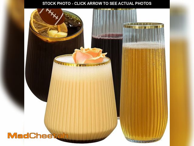 Lot 74-11789652 - (MISSING 10) 48 Pack Ribbed Origami Ripple Plastic Glasses, 24 9 Ounce Stemless Champagne Flutes &am...