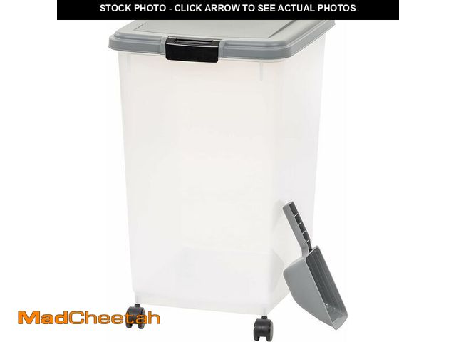 Lot 74-13041170 - Basics Airtight Dog Food Storage Container with Scoop and Wheels, 69 QT, Gray - USED