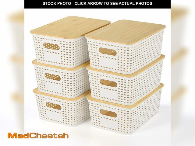 Lot 74-13572876 - Ohmlove Plastic Storage Baskets With Bamboo Lid - Plastic Storage Containers Stackable Storage bins:...