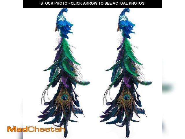 Lot 74-12708421 - 2pcs Large Artificial Peacock Ornaments,23" Glitter Blue Peacork with Long Tail,Christmas Peacock Ci...