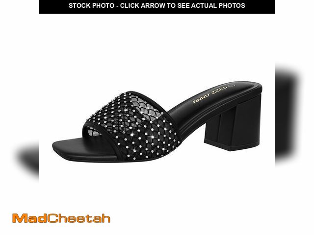 Lot 74-14151688 - PIZZ ANNU Women's Heels Low Block Chunky Heeled Sandals Open Toe Sparkly Rhinestone Slip on Mules Ca...