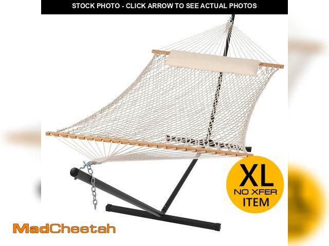 Lot 74-12571822 - SUNCREAT Double Outdoor Hammock with Stand Included, Portable Cotton Rope 2 Person Hammock for Outdo...