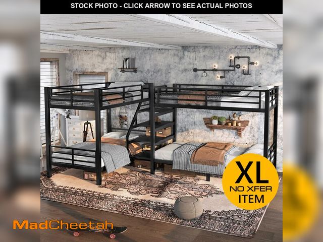 Lot 74-13650839 - *MISSING ONE BOX* Bellemave Metal Quad Bunk Bed with Stairs for 4, L-Shaped Twin Size Quad Bunk Bed ...
