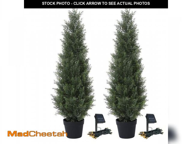 Lot 74-12479822 - 2 Pack 3ft Artificial Cedar Topiary Trees for Outdoors, Fake Cypress Plants with Solar Light String,...