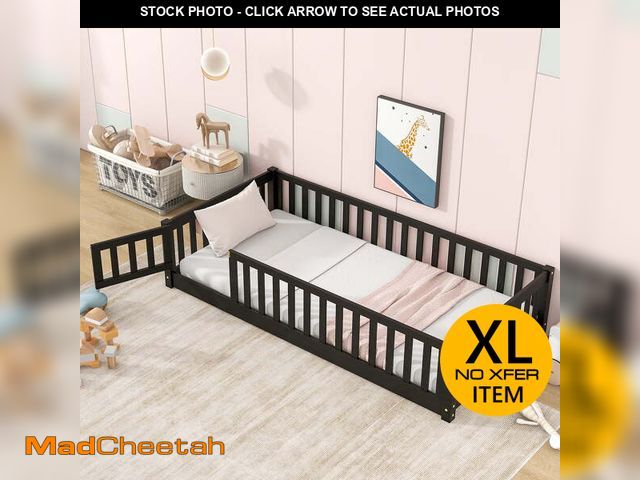 Lot 74-13044674 - PAPROOS Twin Size Floor Bed, Solid Wood Toddler Bed with Slat, Fence Guardrail and Door, No Box Spri...