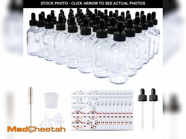 Lot 74-13959227 - Comrzor 48 Pack 2oz Clear Glass Bottles with Glass Eye Droppers for Essential Oils, Perfumes &amp; L...