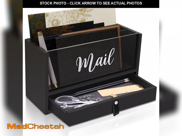 Lot 74-12314430 - Two-Layer Wooden Mail Storage Organizer Holder with Clear Acrylic Top and Bottom Drawer, Leather Han...
