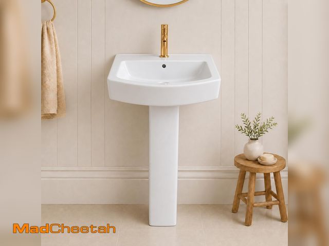 Lot 74-14610321 - GarveeHome Classic Square White Ceramic Pedestal basin â Freestanding Bathroom Basin with Fluted C...