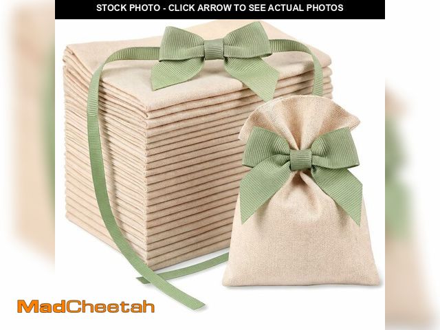 Lot 74-14215201 - Windyun 30 Pcs Beige Small Burlap Gift Bags with Sage Green Bow, 6x4 Inch Rustic Boho Drawstring Fav...