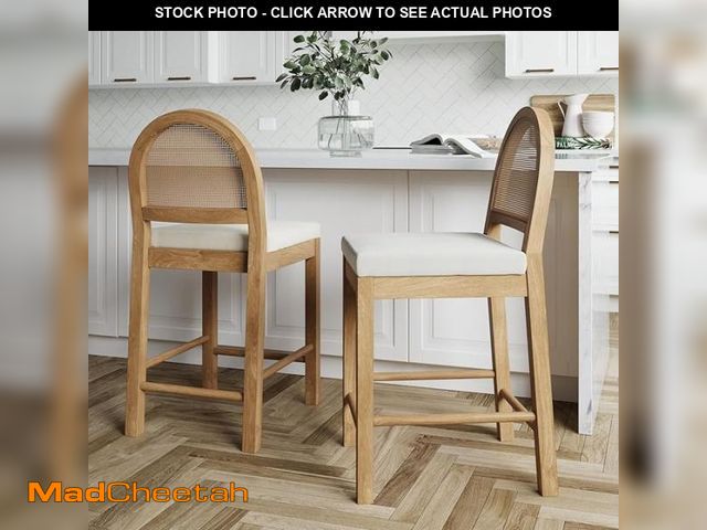Lot 74-11489224 - Nathan James Bailey Boucle Upholstered Rattan Bar Stool, Counter Height Stool with Natural Rattan Wo...