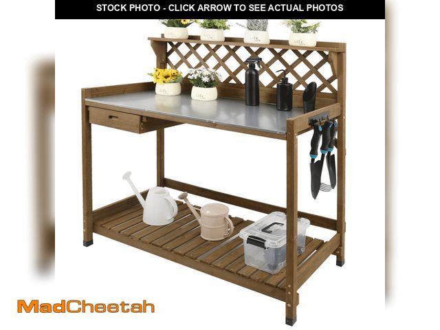 Lot 74-14289481 - PETSCOSSET Wooden Potting Bench Outdoor - Galvanized Metal Top with Drawer Shelf - Brown - USED