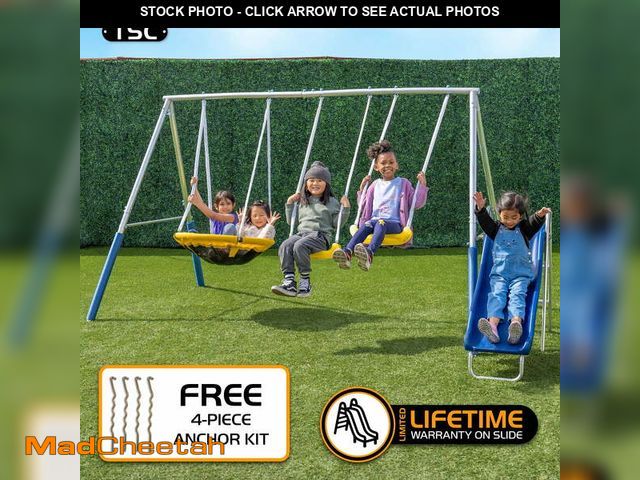 Lot 74-13764774 - TSC Reese Galvanized Metal Swing Set with 2 Swing Seats, 5-ft Blow-Molded Slide &amp; Bonus 4-Pc Anc...