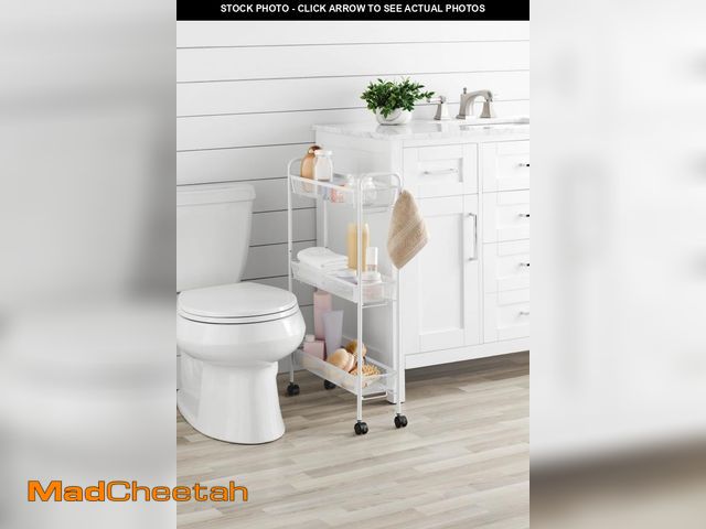 Lot 74-12423634 - Mainstays 3-Tier Slim Rolling Bathroom Storage Cart with Hooks, White - UNUSED