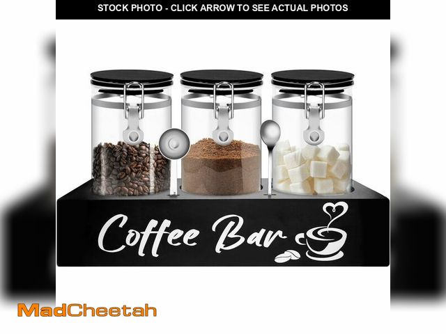 Lot 74-13545588 - MACIFECI Glass Coffee Containers with Shelf Coffee Station Organizer 54oz Black Glass Coffees Bean S...