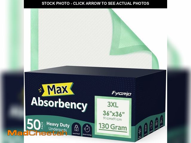 Lot 74-13563938 - Fygrip 50 Count Hospital Grade 130 Gram 36Ã¢â¬Â x 36Ã¢â¬Â Max Absorbency Disposable Underpads, L...