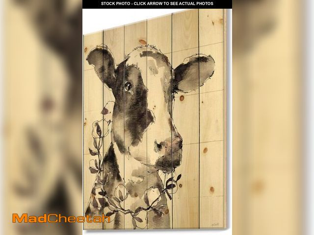 Lot 74-12521353 - DesignQ Cow Portrait Country Life - Wildlife Print on Natural Pine Wood - 24x32,Grey - UNUSED