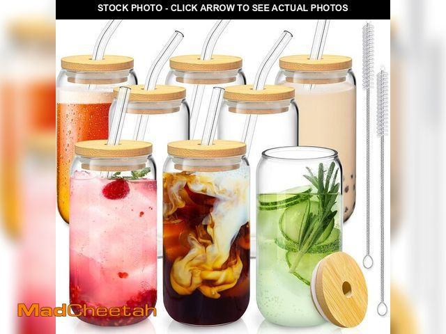 Lot 74-12716933 - SENTVEND 16 Oz Drinking Glasses with Bamboo Lids and Glass Straw - 8 Pcs Glass Cups Beer Ice Coffee ...