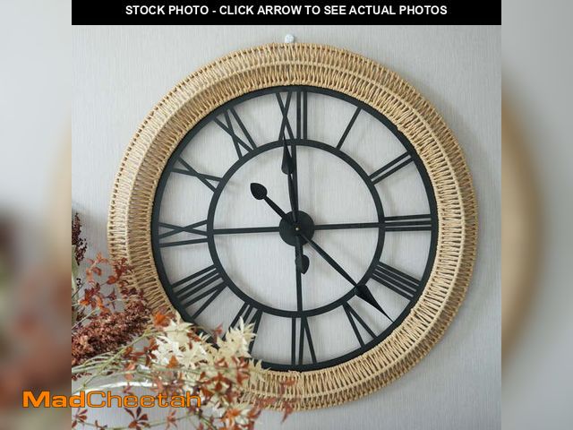 Lot 74-12833744 - Large Rustic Wall Clock with Rattan Woven Frame &amp; Roman Numerals â 30-Inch Vintage Farmhouse S...