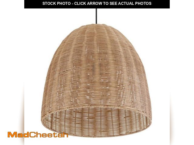Lot 74-13061369 - Hampton Bay Highler 60-Watt 1-Light Matte Black Hanging Shaded Pendant Light with Natural Rattan Sha...
