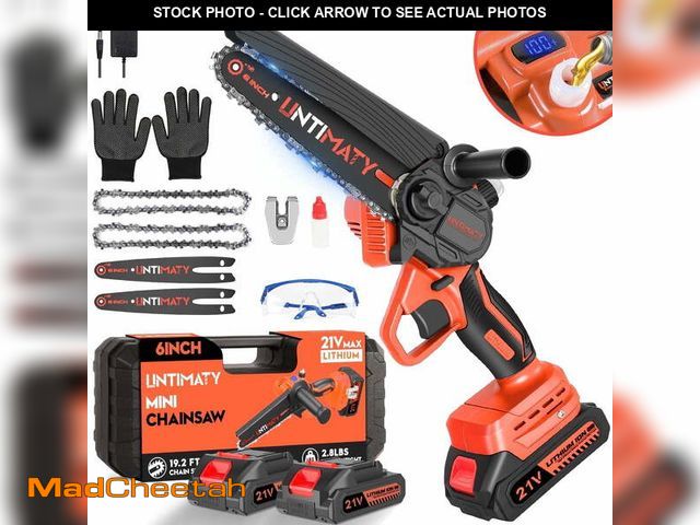 Lot 74-14369141 - UNTIMATY Mini Chainsaw 6 Inch, 21V Cordless Electric Chainsaw with 2 Batteries &amp; 2 Chains, Safet...