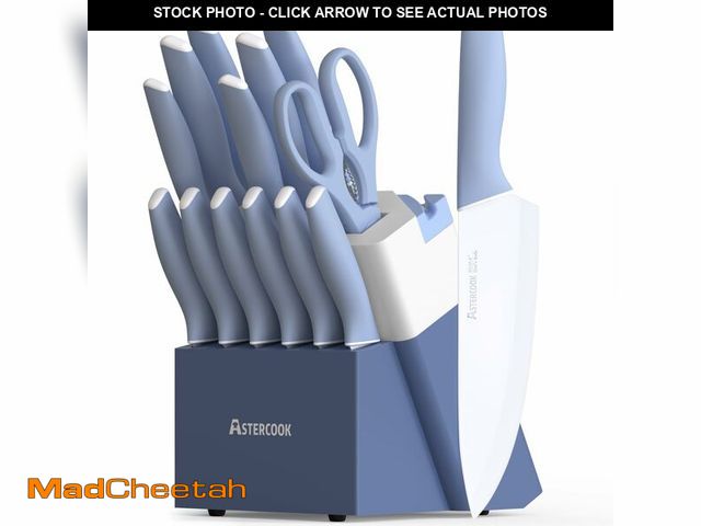 Lot 74-12497755 - Astercook Kitchen Knife Set with Block and Sharpener 15 Piece Ceramic Coating German High Carbon Sta...