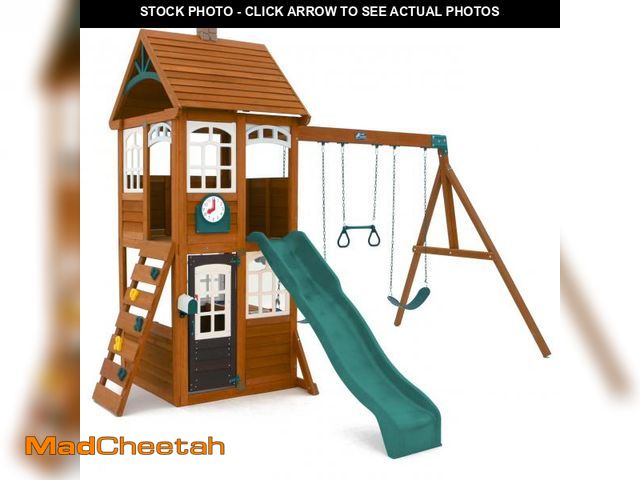 Lot 74-12262613 - KidKraft Kennedy Springs Wooden Outdoor Swing Set with Slide and Rock Wall - UNUSED