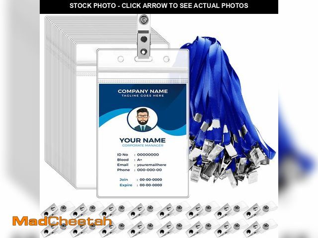 Lot 74-12968001 - 100 Set ID Badge Holder with Lanyard and Clip 4x3 Inch Vertical Clear Name Badge Holders with 100 Me...