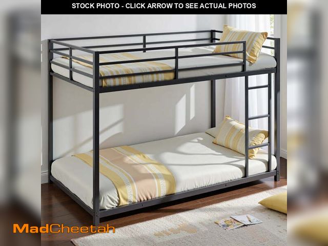Lot 74-12548931 - Twin Over Twin Low Bunk Bed, Metal Bed Frame with Ladder, Load-Bearing 350lb, Black - UNUSED