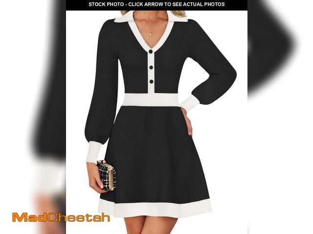 Lot 74-12356993 - ZESICA Women's Spring Long Sleeve V Neck Sweater Dress Collar Ribbed Knit Mini Dresses,Black,Medium ...