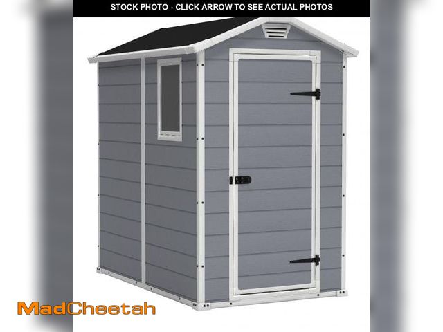 Lot 74-12393453 - Keter Manor 4x6 Resin Outdoor Storage Shed Kit-Perfect to Store Patio Furniture, Garden Tools Bike A...